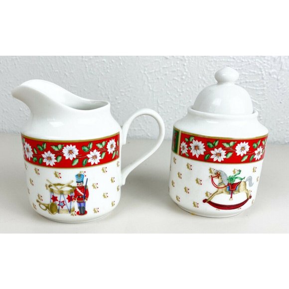 VTG Kobe Classic Traditions Charlton Hall Sugar Bowl & Creamer Set Christmas EUC - Picture 1 of 7